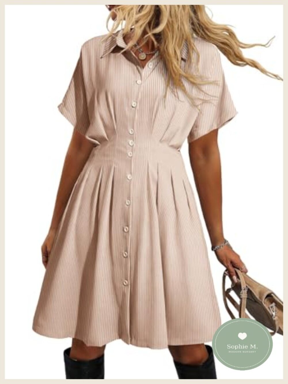 Casual Button Down Short Sleeve Shirt Dress with Pleated Waist and Collar